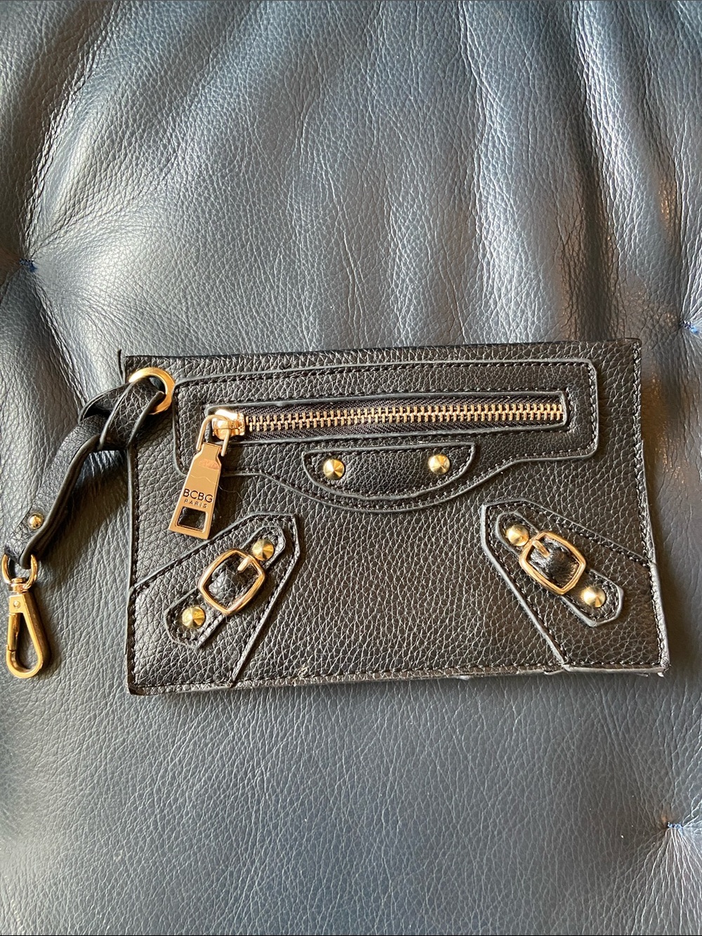 BCBG Black Leather Wristlet Clutch with Gold Hardware Accents